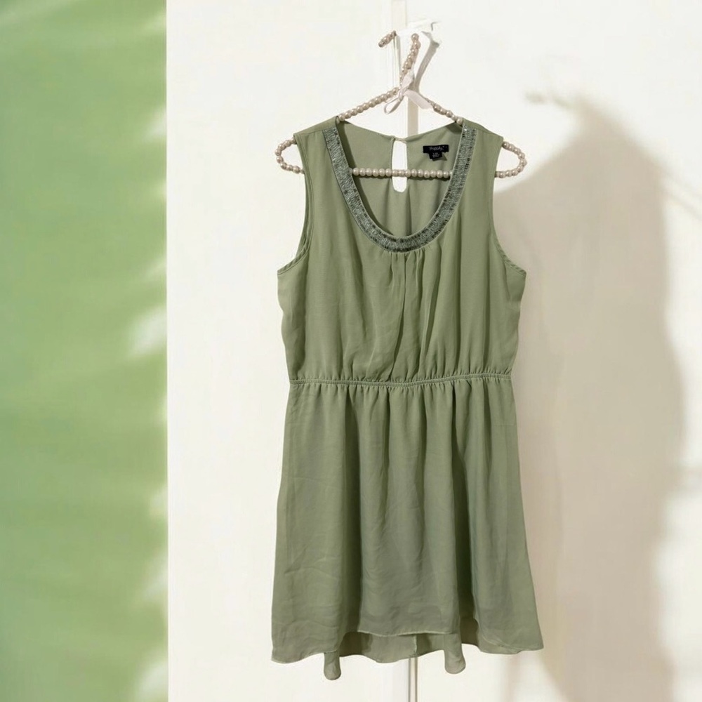 Rhapsody Sleeveless Olive Green Beaded Neckline Dress